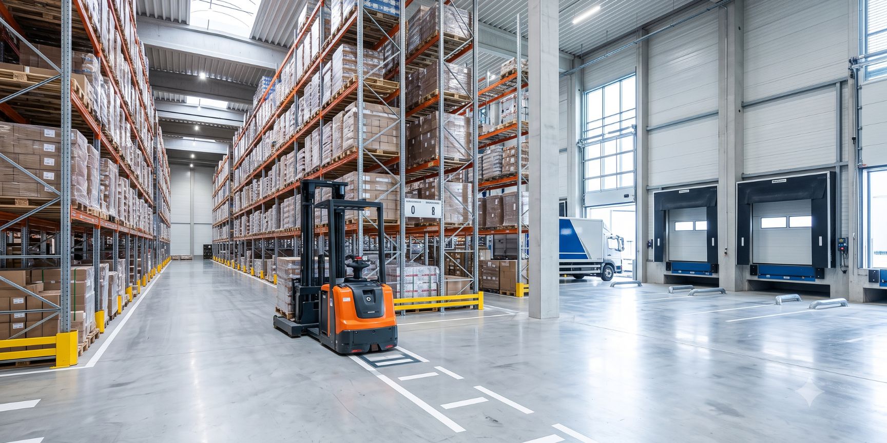 Innenansicht einer modernen Logistikhalle mit Hochregallagern, automatisierter Fördertechnik und Verladetoren, optimiert für schnelle Prozesse und hohe lichte Höhe.